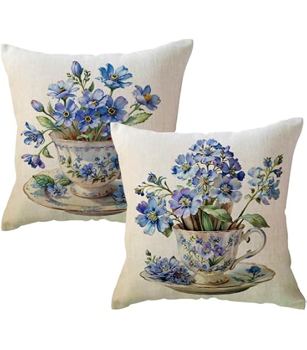 ULOVE Floral Teacup Throw Pillow Covers 18x18 Inch - 2 Pack Watercolor Wildflower Design For Sofa