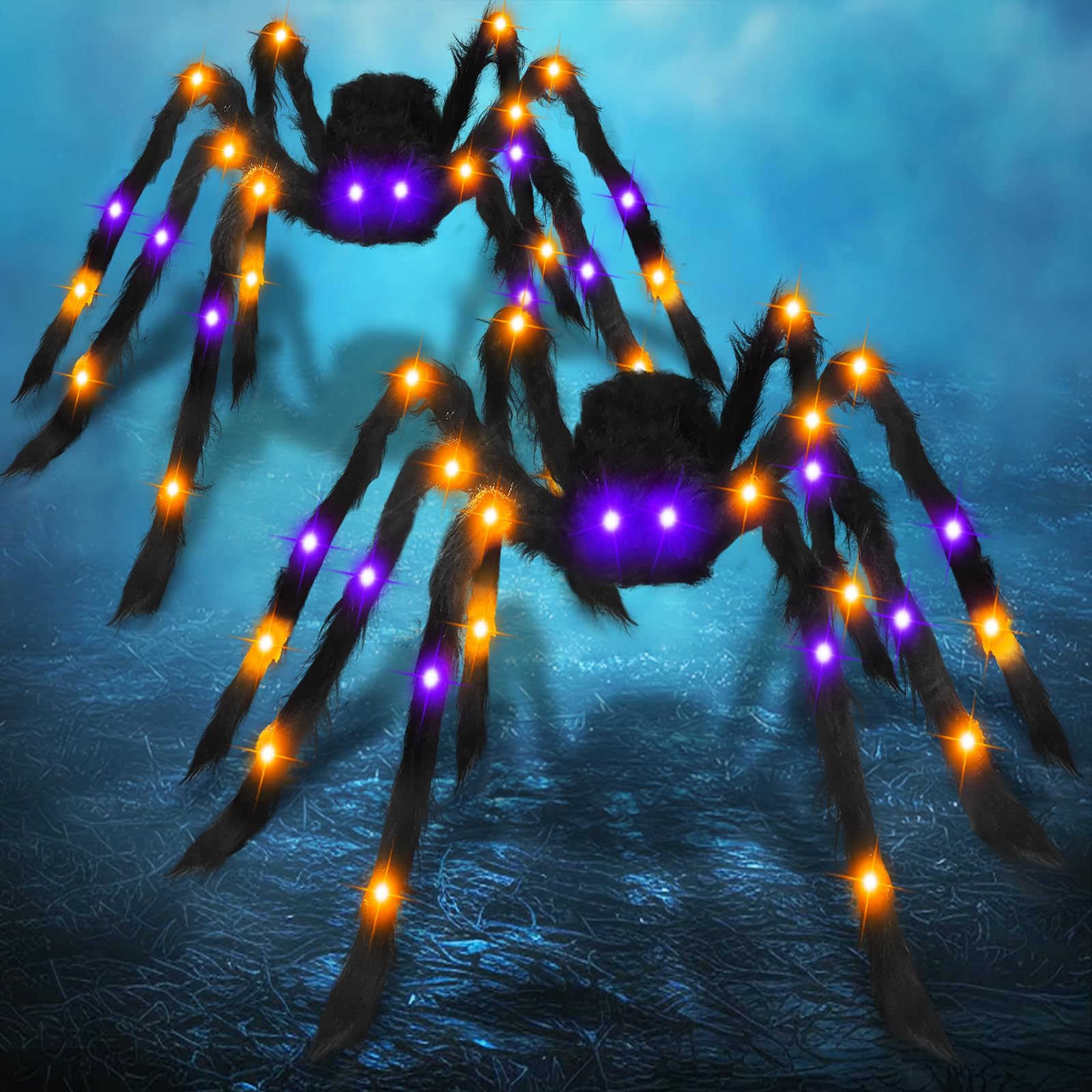 Photo 1 of 2 Pack 50 Inch Large Light Up Halloween Spider Decorations, 26 LED Orange Purple Lights Battery Operated Realistic Black Spider Scary Halloween Decor Outdoor Indoor Spider Web Yard Haunted House Party