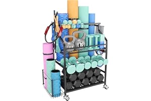 STTORABOKS Dumbbell Cart with Wheels, Weight Rack for Kettlebell and Yoga Mat, Home Gym Storage Organizer for Foam Roller Yoga Strap Resistance Bands, Workout Equipment Holder, Garage Gym Shelf, Utility Rack