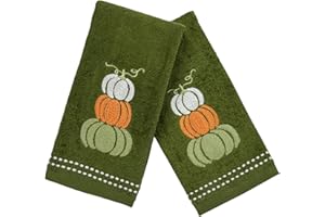 SERAFINA HOME Autumn Fall Bathroom Fingertip Towels- Set of 2 100% Cotton Forest Olive Dark Green Embroidered Stacked Pumpkin Design- 12" x 18" Festive Bath & Kitchen Decor