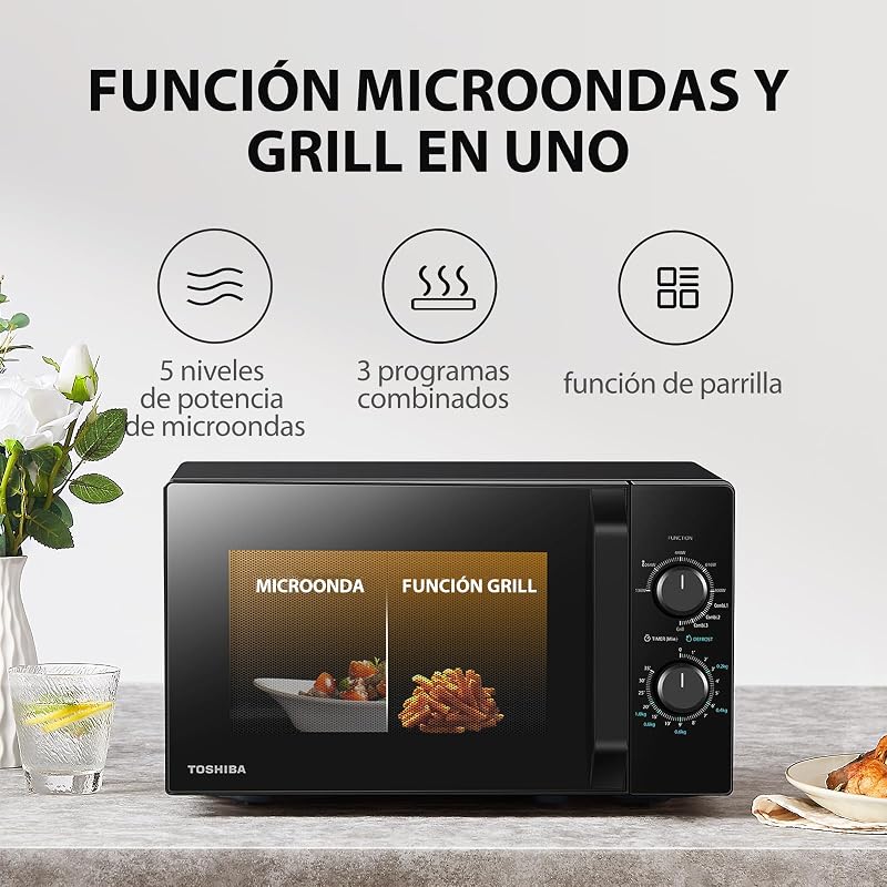 MW2-MG20P(BK) Forno micro-ondas 20 L, brilho 700W/1000W, com crispy grill e função de cozedura combinada, 9 níveis de potência,
