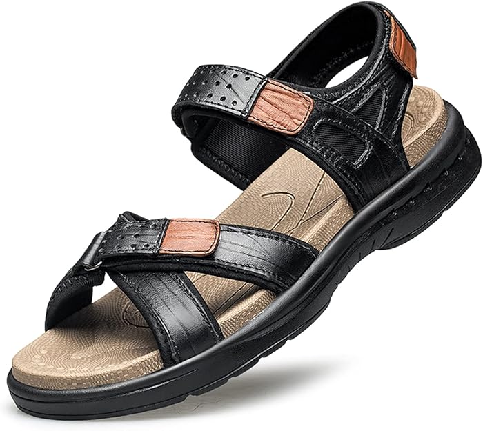 Battle Men Men's Beach Sandals Genuine Leather Hook&Loop