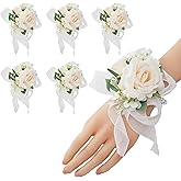 Meldel Champagne Wrist Corsage for Bride Bridesmaid Wedding,Set of 6, Romantic Artificial Rose Pearls Wristband Wrist Flower for Bridal Shower Ceremony Prom Party, Mother and Grand Mother Wrist Flower