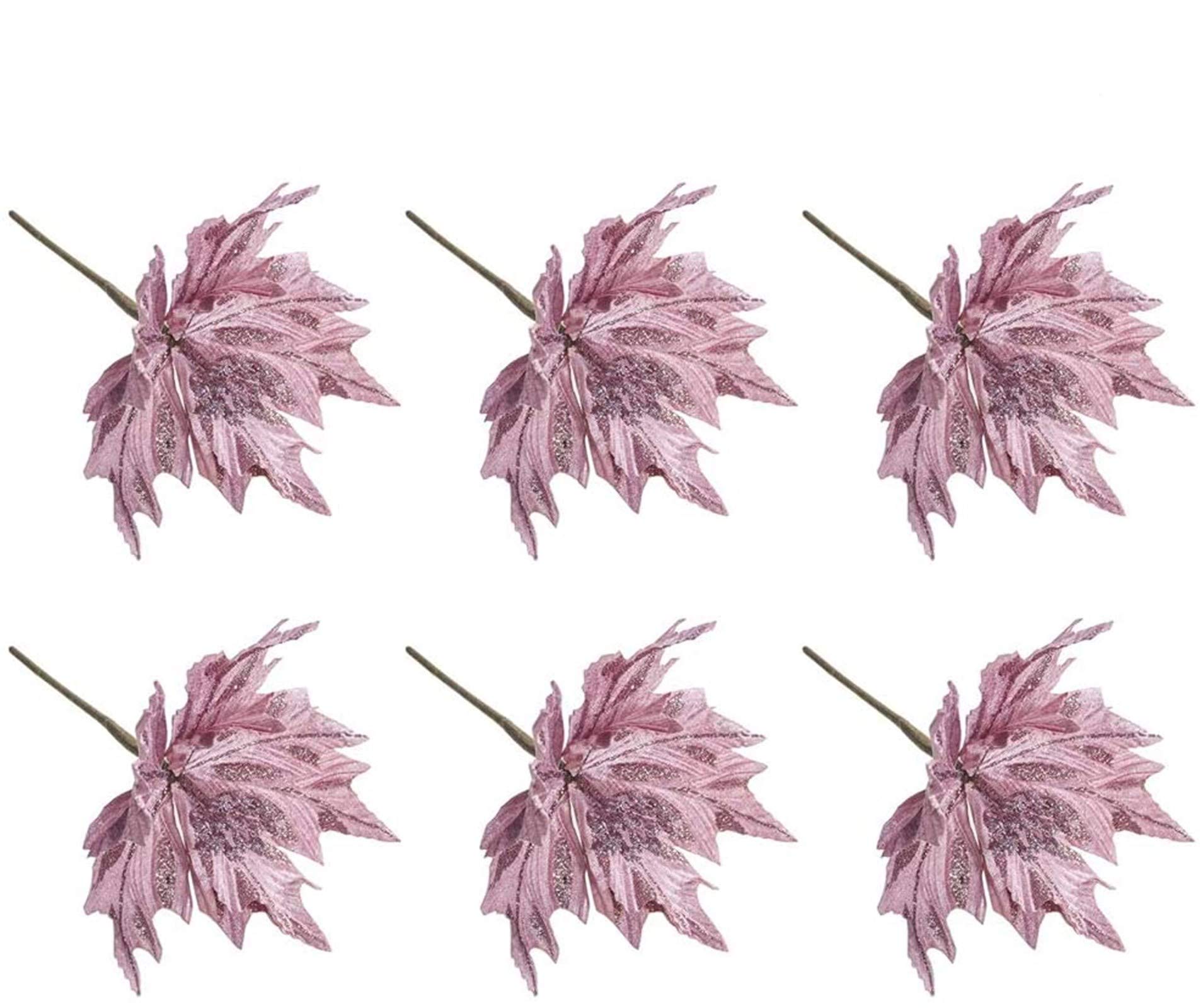 JYCRA Glitter Christmas Flower,6Pcs Glitter Poinsettia Christmas Tree Ornaments Artificial Flower Wedding Holiday Party Decoration (Pink)