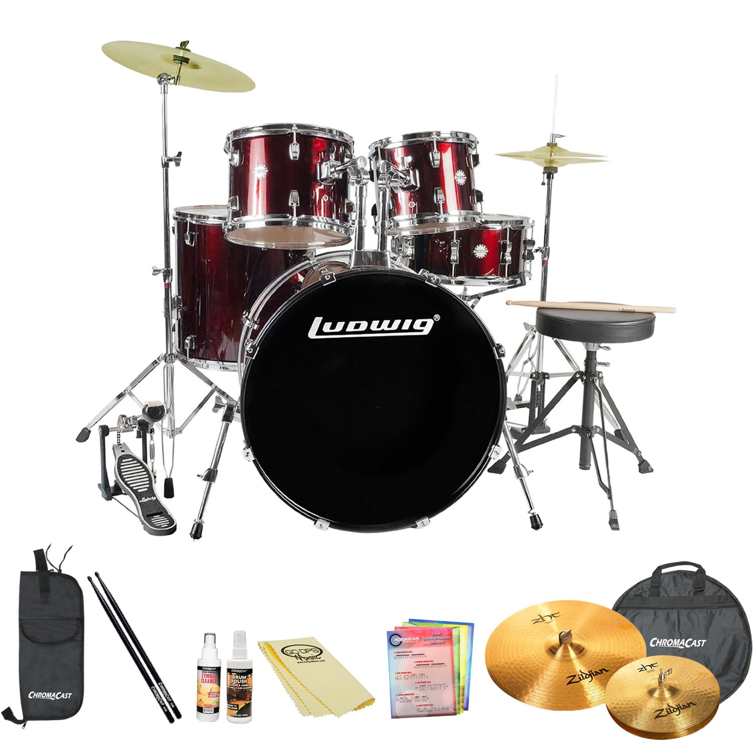 Ludwig Accent Drive 5Pc Standard Size Drum Set With Zildjian Cymbals & ChromaCast Accessories