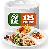 Joyborn Compostable 3-Compartment Paper Plates, 125 Count, 10 Inch, Heavy Duty Disposable Divided Lunch Trays, Biodegradable Bagasse Sectional Plates for Buffet, Parties, Events & Daily Use, (White)