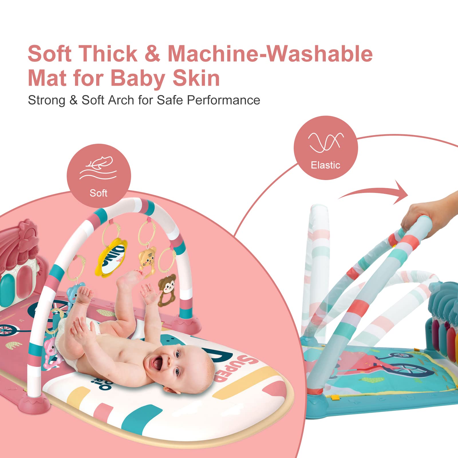dearlomum Play Mat & Activity Gym, Piano Tummy Time Gym Mat with 5 Infant Sensory Toys, Music and Lights, Gifts for Newborns 0–12 Months (Pink)