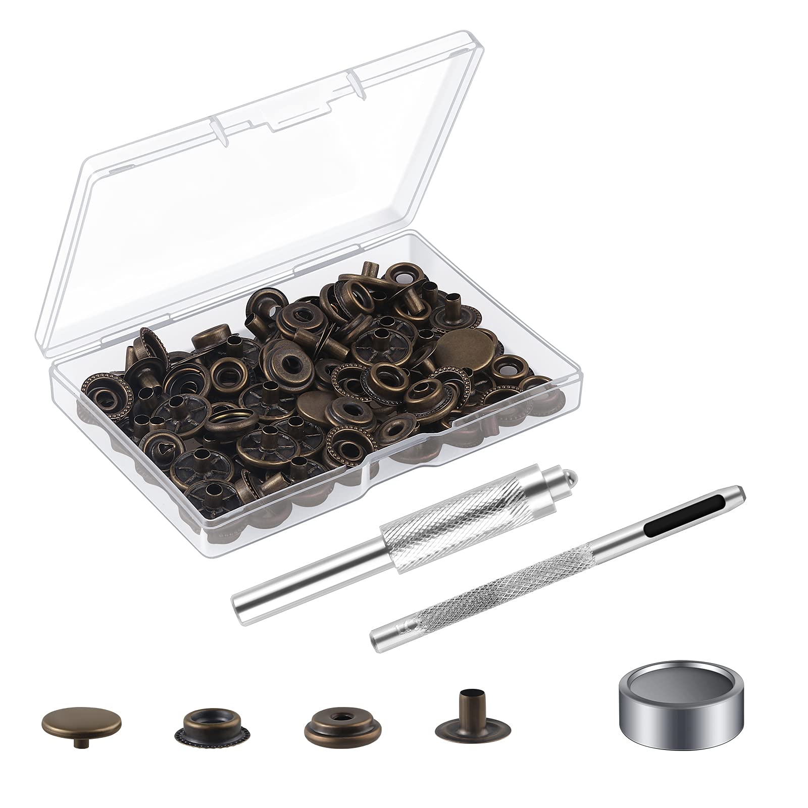 25 Sets Press Studs Cap Button, MSDADA Stainless Steel Snap Fasteners Kit with Hand Fixing Tools, Instant Metal Buttons No-Sew Clips Snap for Bags, Jeans, Clothes, Fabric, Leather Craft (Bronze)