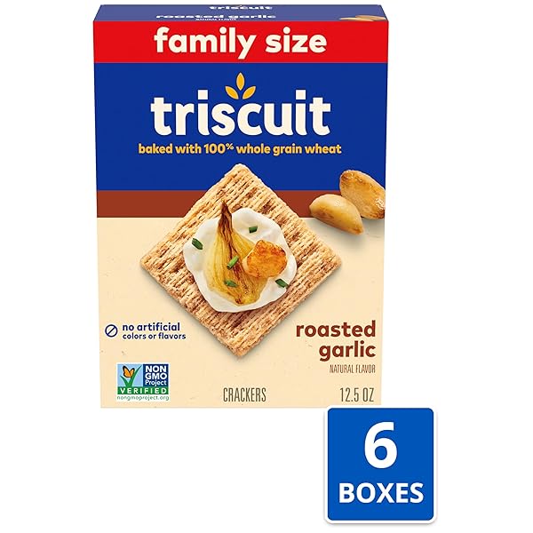 TRISCUIT ROASTED GARLIC WHOLE GRAIN WHEAT CRACKERS, LUNCH SNACKS, BULK SNACK CRACKERS, FAMILY SIZE, 6 – 12.5 OZ BOXES