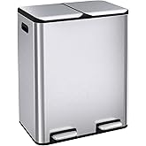 ComfyCorner 16 Gal (2 x 30 L) Dual Trash Can, Stainless Steel Kitchen Garbage Bin, Recycle Dustbin with Odor Control Box, Soft-Close Lid, Inner Buckets, Side Handle, Step Pedal, for Home Office