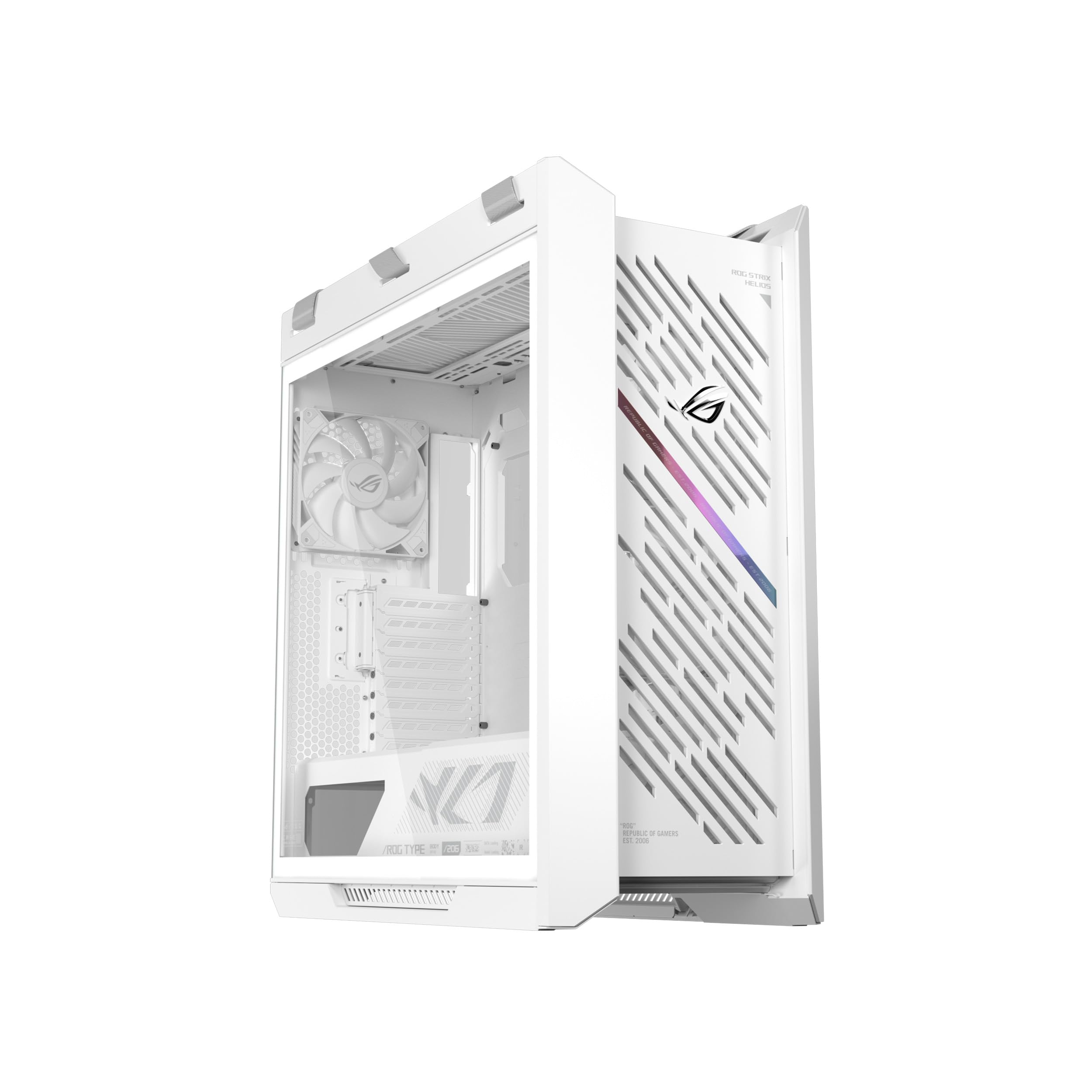 Carcasa para PC ASUS ROG Strix Helios II White Edition EATX de torre media para juegos, con paneles laterales dobles de vidrio templado, soporte para GPU de hasta 450 mm de largo, soportes para tarjetas gráficas y soporte para radiadores de hasta 420 mm