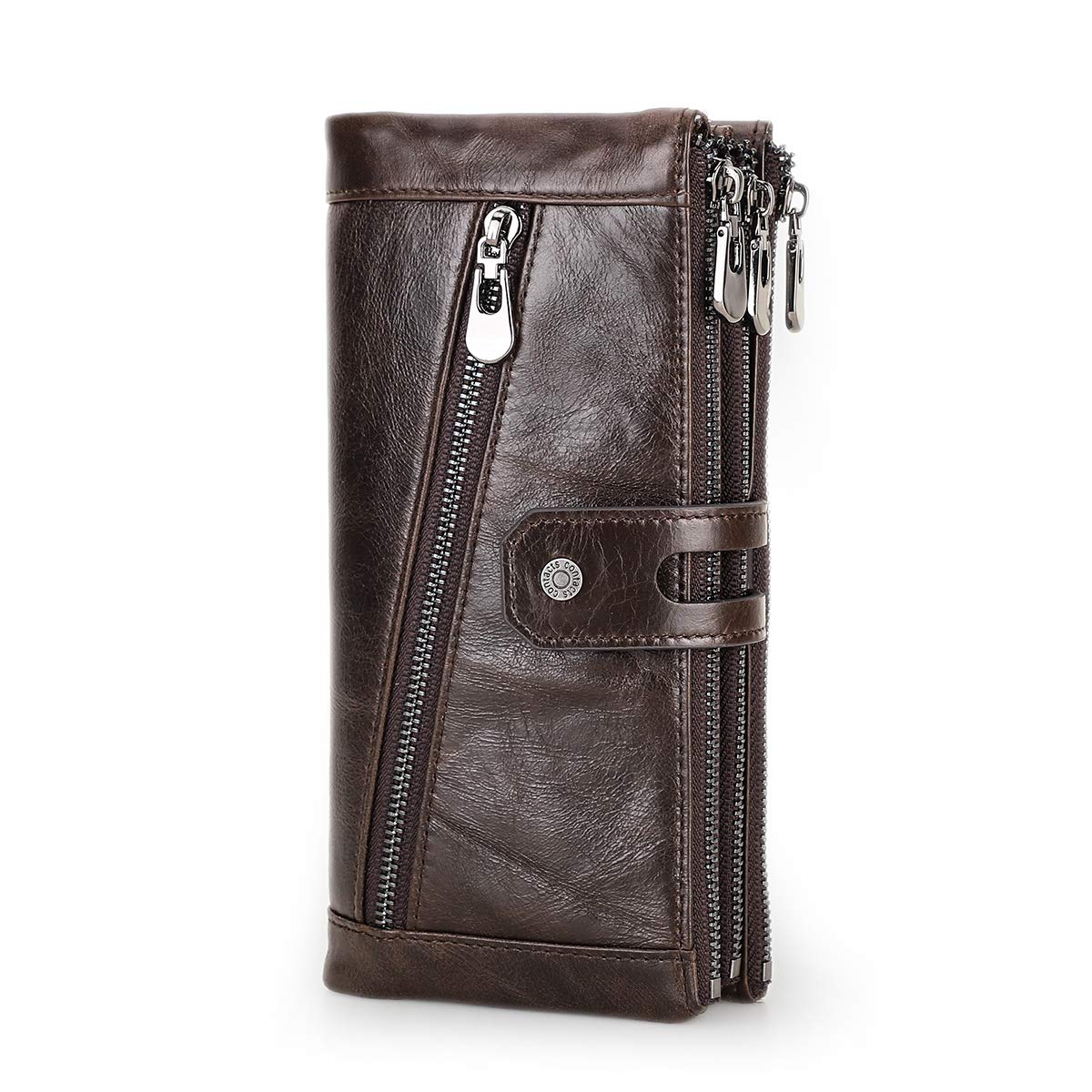 Contacts RFID Women Zipper Wallet-Lady Card Coin Holder Phone Clutch Purse Genuine Leather (Coffee)