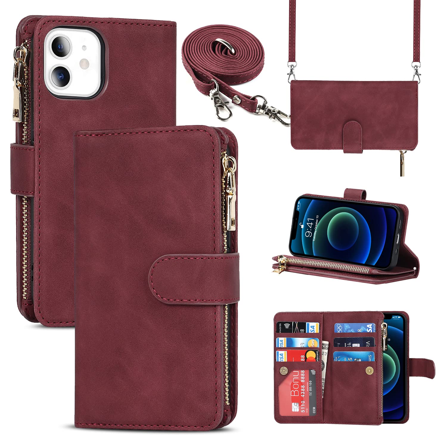 Cavor Crossbody iPhone 12 Mini Case With Card Holder With Strap,Flip Leather Wallet Case,[9 Card Holder] Zipper Detachable Lanyard Phone Case Cover for Women for iPhone 12 Mini - Red