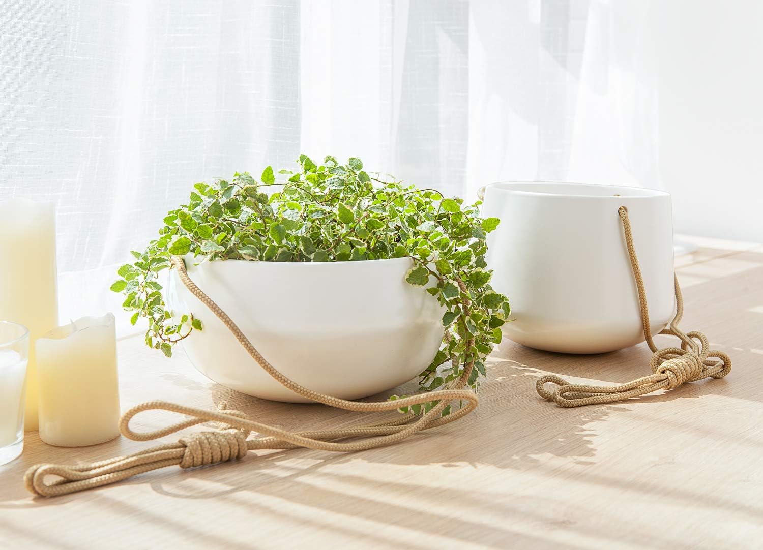 Mkono Ceramic Hanging Planter of Shallow 8 Inch and Deep 6 Inch for Indoor Outdoor Plants, Set of 2 Modern Plant Pot Geometric Porcelain Hanging Basket with Polyester Rope Hanger for Herbs Ferns Ivy: Kitchen & Dining