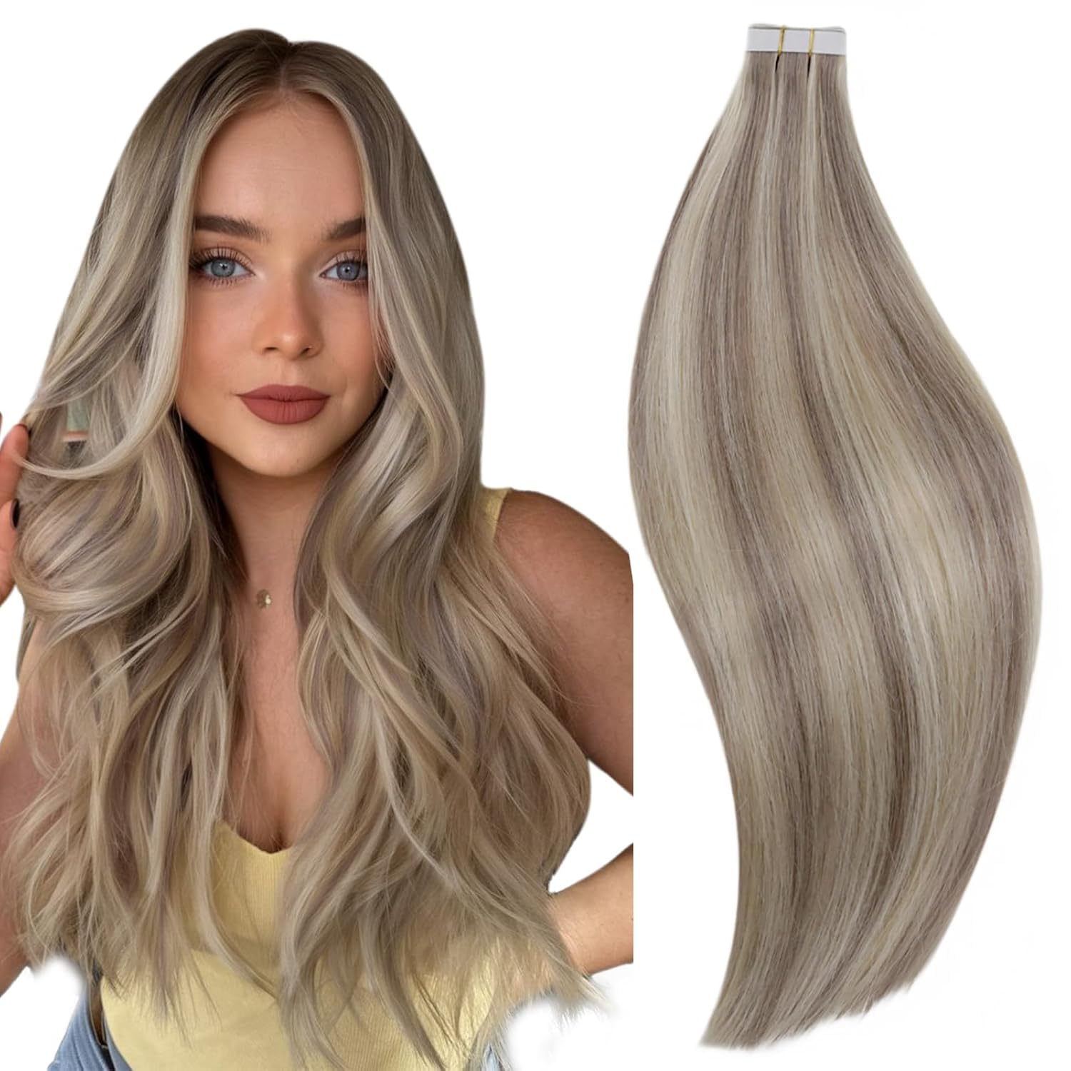 RUNATURE Tape in Hair Extensions Human Hair 22 Inch Tape Hair ExtensionsReal Human Hair Grey Blonde Highlight Platinum Blonde Invisible Remy Straight Tape Hair 50 Gram #19/60 — image 1