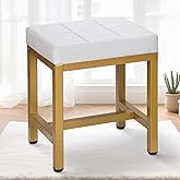 FLYZC Vanity Stool, Vanity Chair for Makeup Room, Square Linen Small Ottoman Foot Stool with Metal Legs, Modern Makeup Chair for Bedroom, Living Room, Gold & Off White