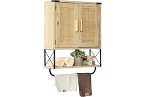 RUSTOWN Farmhouse Medicine Cabinet with 2 Barn Door, Boho Wood Wall Mounted Storage Cabinet with Adjustable Shelf and Towel Bar, 3-Tier Bathroom Cabinet for Bathroom(Rattan,Medium)