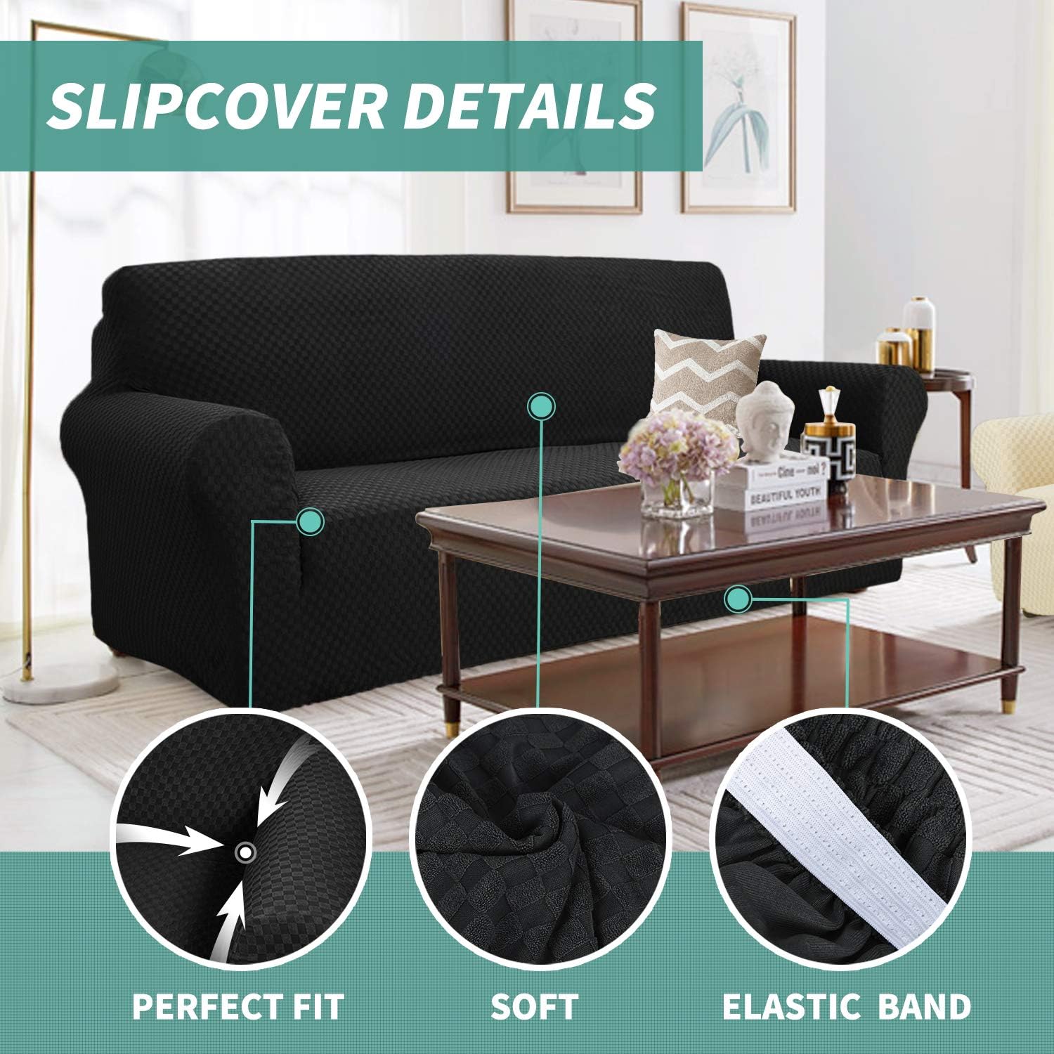 YEMYHOM Couch Cover Latest Jacquard Design High Stretch Sofa Chair Covers for Living Room, Pet Dog Cat Proof Armchair Slipcover Non Slip Magic Elastic Furniture Protector (Chair, Black): Kitchen & Dining