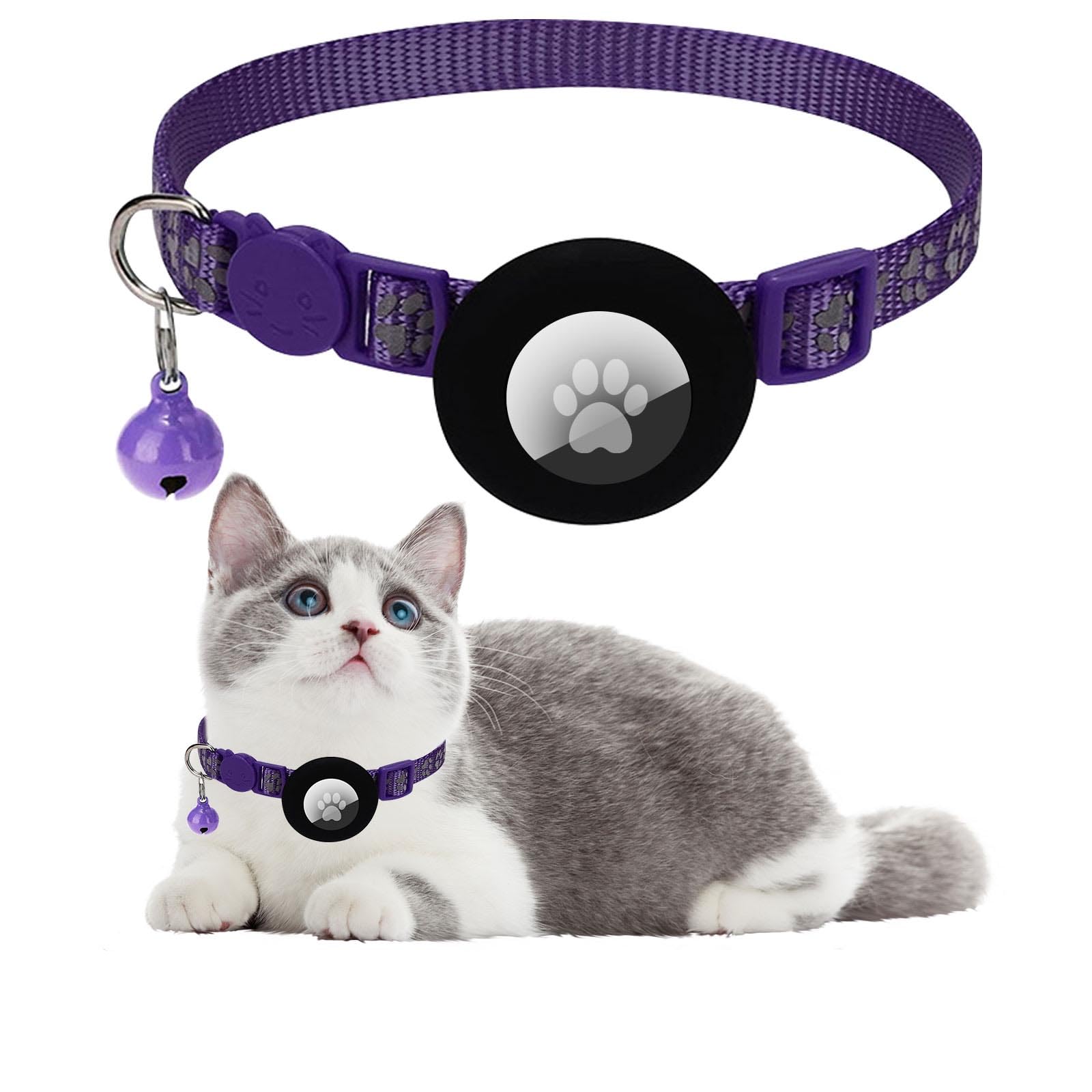 Ledeak Cat Collar with Air Tag Holder, Reflective Lightweight Airtag Cat Collar with Bell and Safety Buckle, Adjustable Quick Release Personalised Kitten Collar for Boy and Girl Cat (Purple)