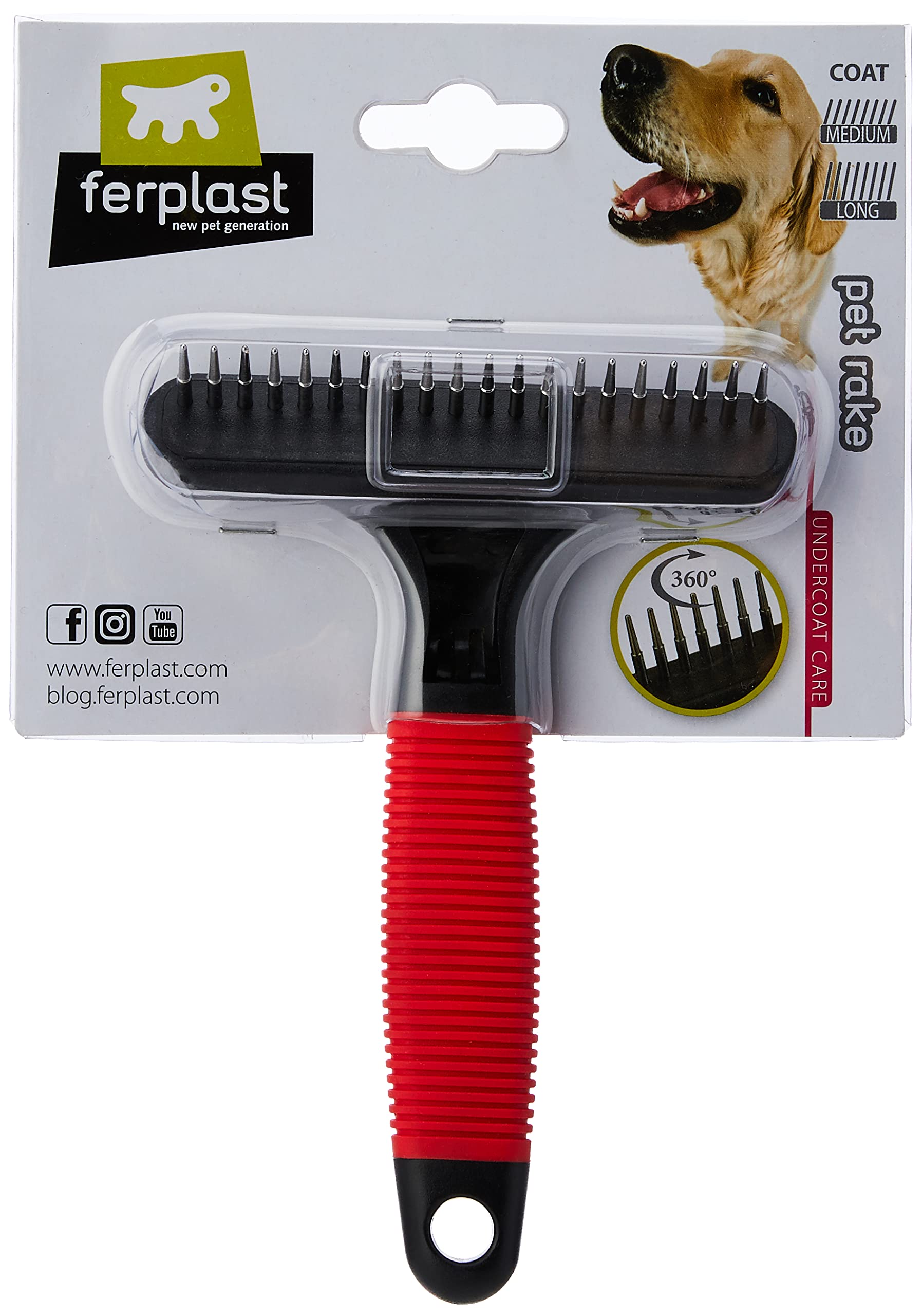 Ferplast 2-in-1 Comb for Dogs and Cats, Medium and Long Hair, Rounded Rotating Anti-Irritation Teeth and Non-Slip Handle