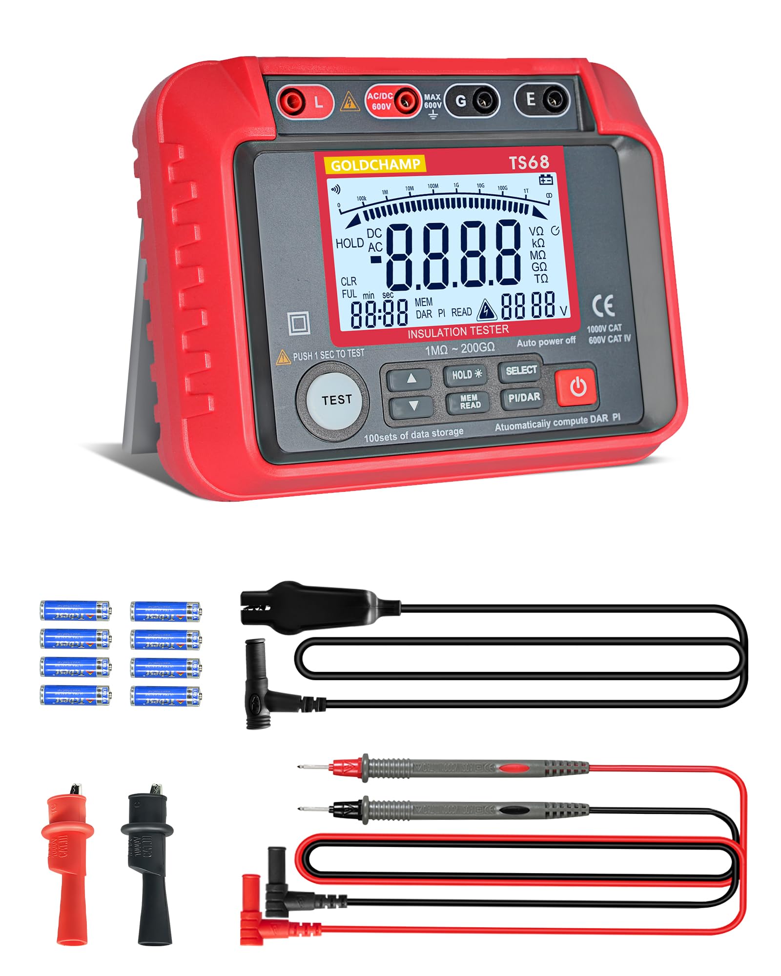 Insulation Resistance Tester TS68, 1MΩ-200GΩ Resistance Measurement, Megohmmeter with Backlit LCD Display, 100 Data Storage, Output Voltage 250V-2500V, Measurement for Transformer, High Voltage Motors