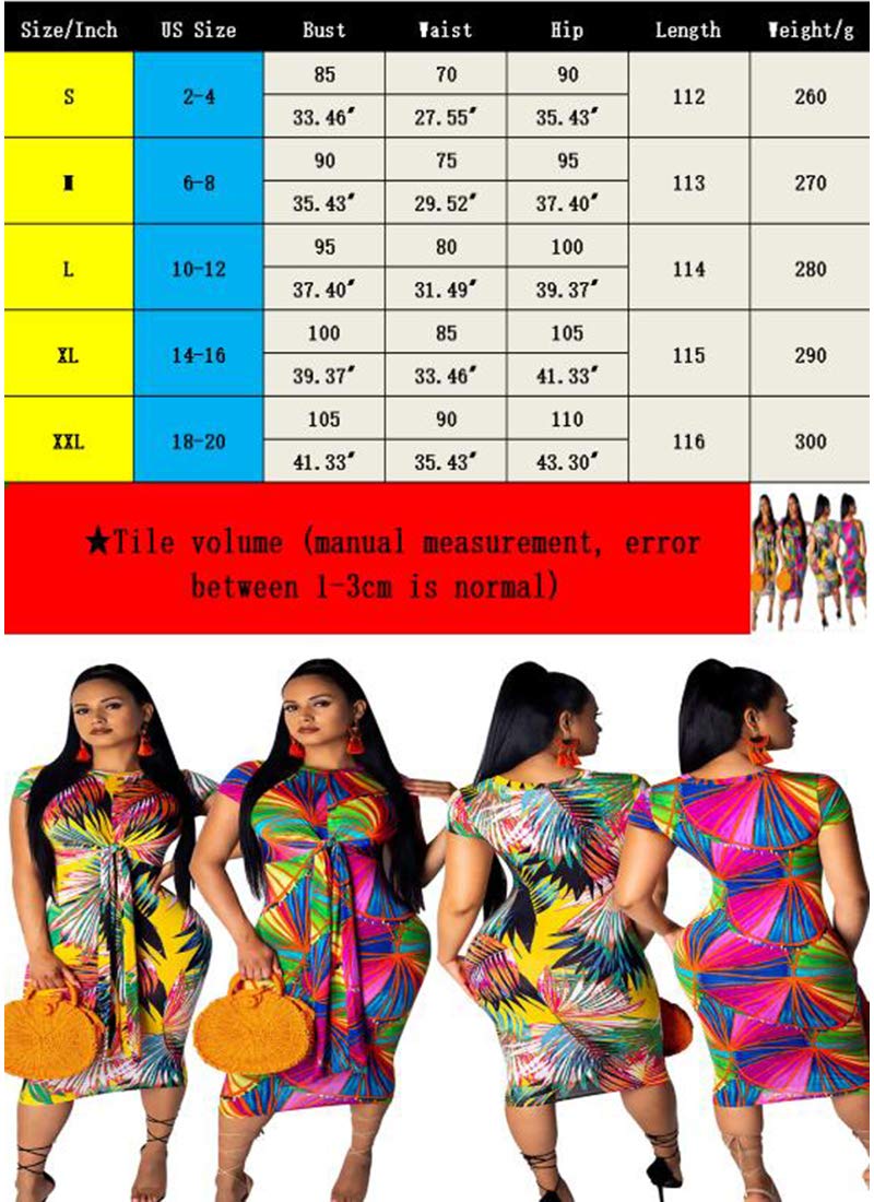 Floral Bodycon Dress for Women, O Neck Pullover Short Sleeve Casual Summer Dresses with Tie Bow Rainbow1 L