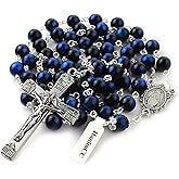 HanlinCC 8mm Natural Blue Tiger Eyes Gemstone Beads Miraculous 5 Dacade Rosary Necklace with Anti-Silver Catholic Crucifix Pack in Leather Gift Box