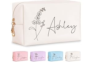 Fincekoom Personalized Makeup Bag with Name & Birth Flower, Custom Leather Cosmetic Bags for Women, Customized Travel Toiletry Bag Gifts for Bridesmaid Wedding