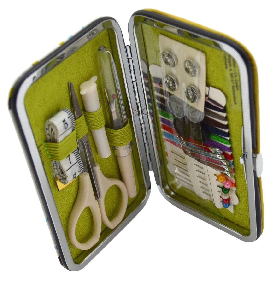 Kleiber Pocket Sized Hard Case Travel Sewing Kit including Scissors/Thread/Spare Buttons/Unpicker/Ta+AV25pe Measure And Fasteners, Blue/Green