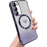 ZONRW for Samsung Galaxy S23 Plus Case Magnetic,for Women Girl Soft Luxury Plating Bling Gradient Glitter Cute Heart Cover Compatible with MagSafe Clear Shockproof Protective Phone Case 6.6”-Purple