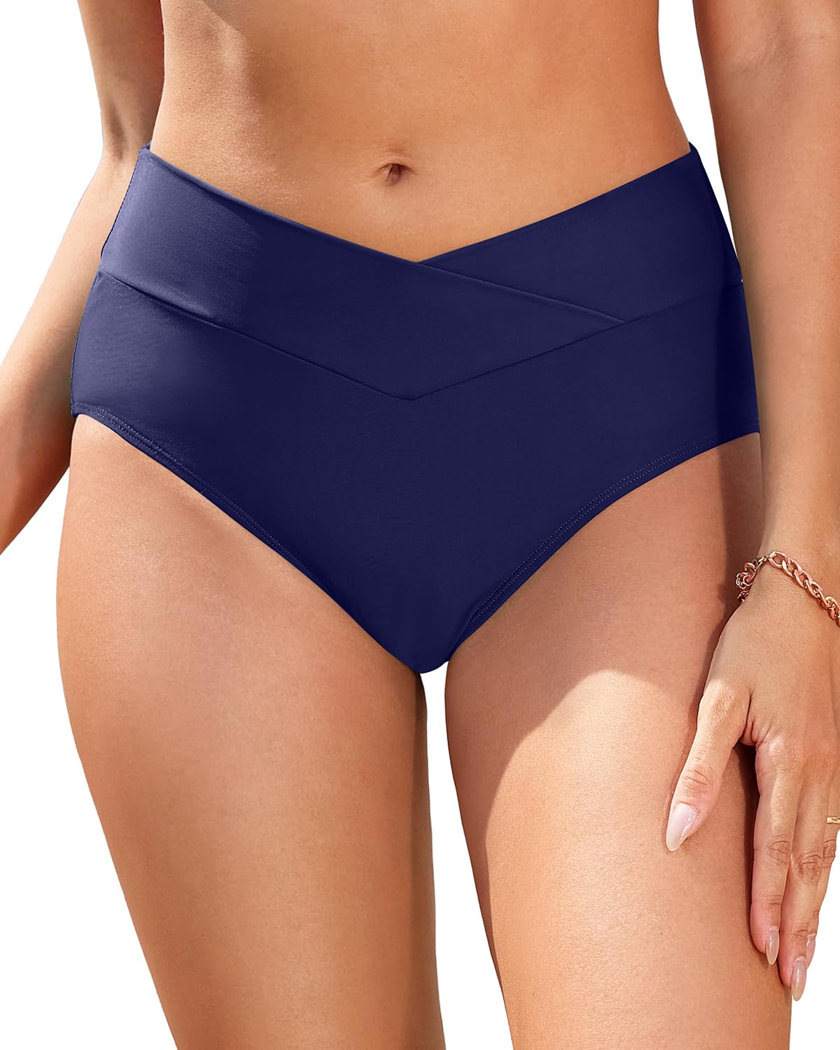 Photo 1 of Women V Cut Full Coverage Bikini Bottom - High Waist Swim Bathing Suit Bottoms Cross V Front Swimsuit Navy Blue S