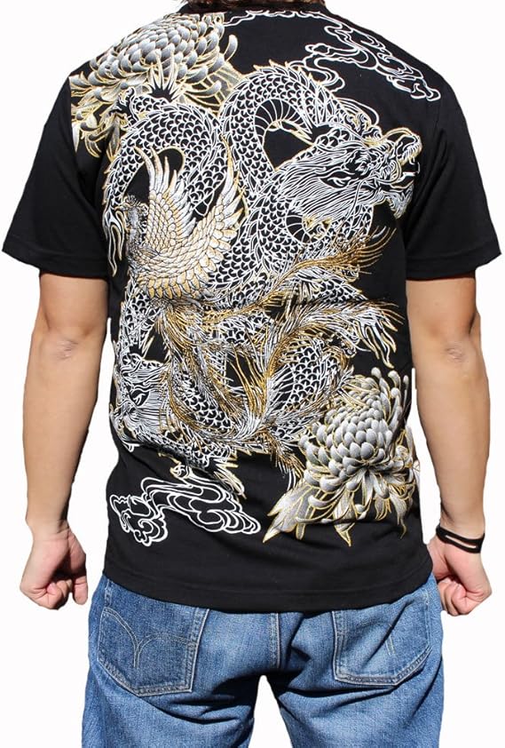 Amazon T1 11 和柄 Tシャツ 和柄刺繍半袖tシャツ 鳳凰柄 和柄半袖tシャツ 絡繰魂メンズ特攻服 白 M Tシャツ カットソー 通販
