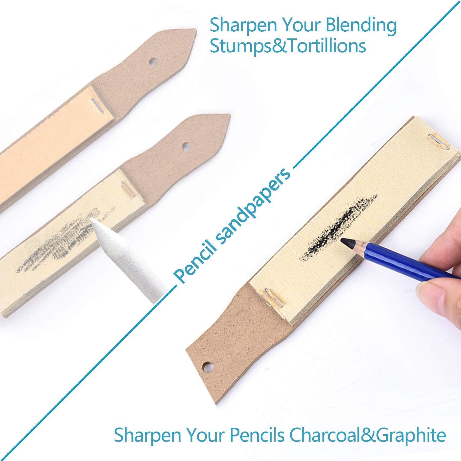 Sketch Drawing Tools, 17 Paper Blending Stump and Tortillions Set with 2 Sandpaper Pencil Sharpeners, 1 Pencil Extension Tool, 2 Erasers & 1 Felt Bag for Student Sketch Drawing Accessories