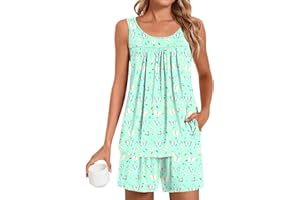 POPYOUNG Pajama Set for Women Summer Sleeveless Tank Tops Pjs Sets 2 Piece Lounge Set Comfy Shorts Sleepwear with Pockets