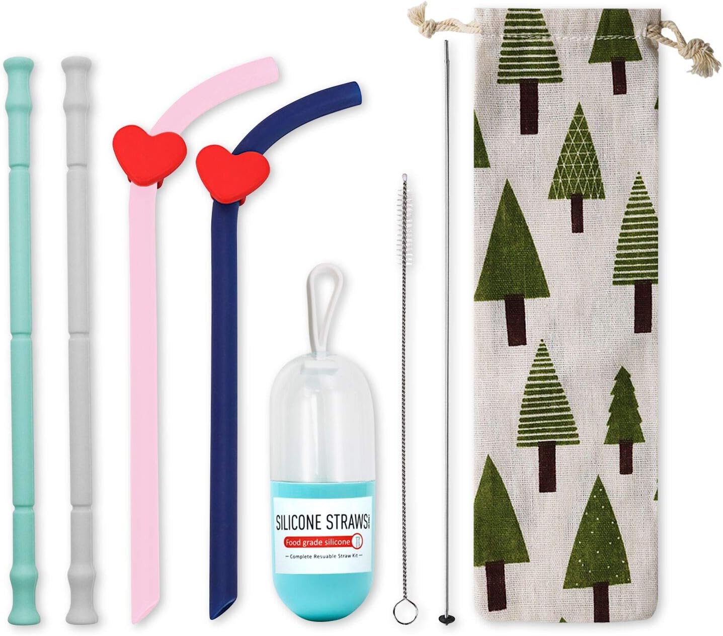 SYOSIN Reusable Drinking Straws 4 Pieces Eco Friendly Collapsible Straws Foldable Silicone Straws BPA Free with 1 Reusable Capsule Case, 1 Straw Bag, 2 Cleaning Brush for Kids & Adults