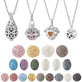 PH PandaHall 4pcs Essential Oil Diffuser Necklace Aromatherapy Locket Pendant With Stainless Steel Necklace And 26 Pieces Refill Lava Rock Round Beads for Women Jewelry Accessory Birthday Gift