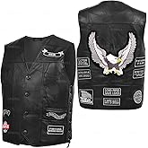 XINMALL Motorcycle Genuine Leather Biker Vest for Men Club Style Classic Black With Patches