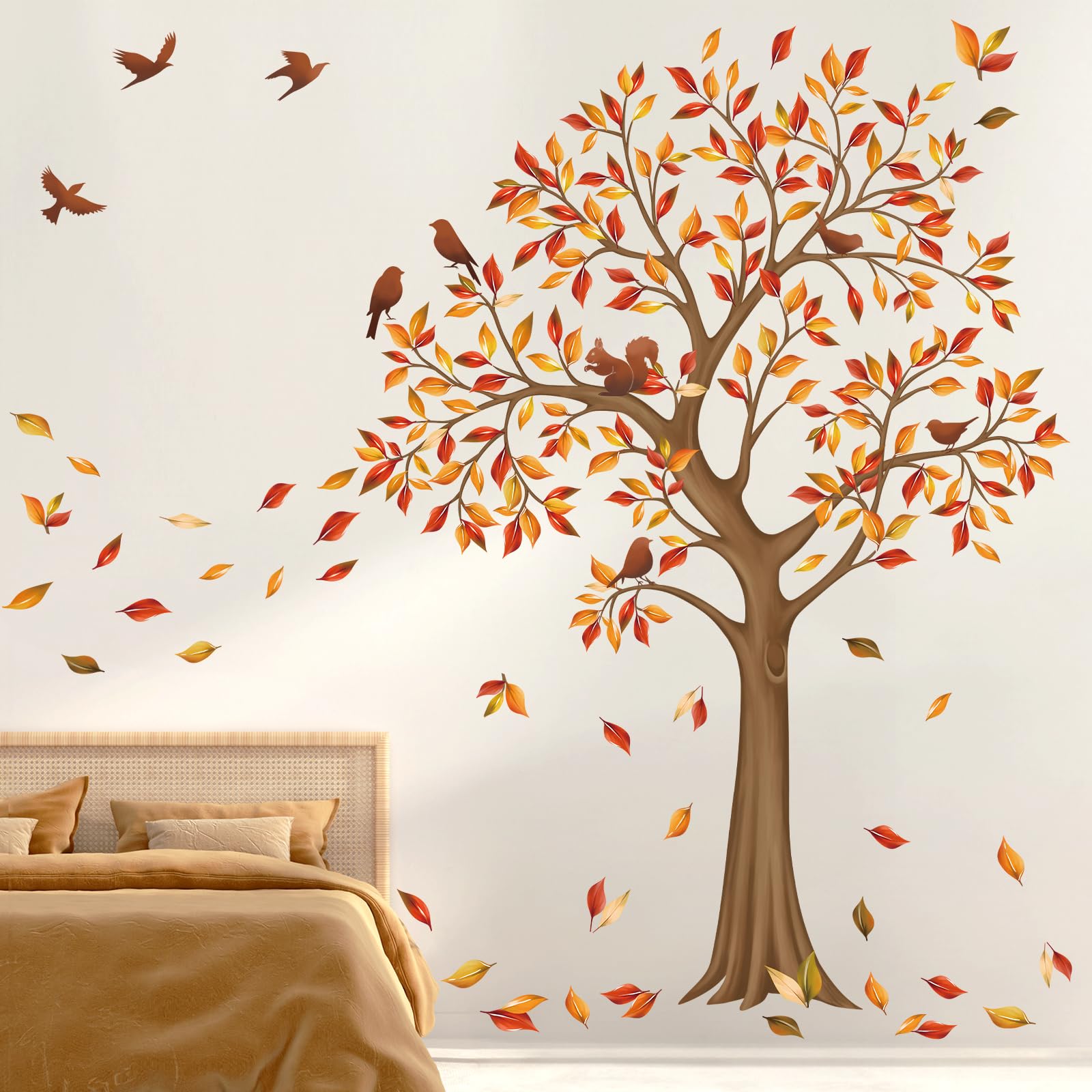 decalmile Large Tree Autumn Wall Decals Flying Fall Leaves Birds Wall Decals Bedroom Living Room Sofa TV Background Wall Decor
