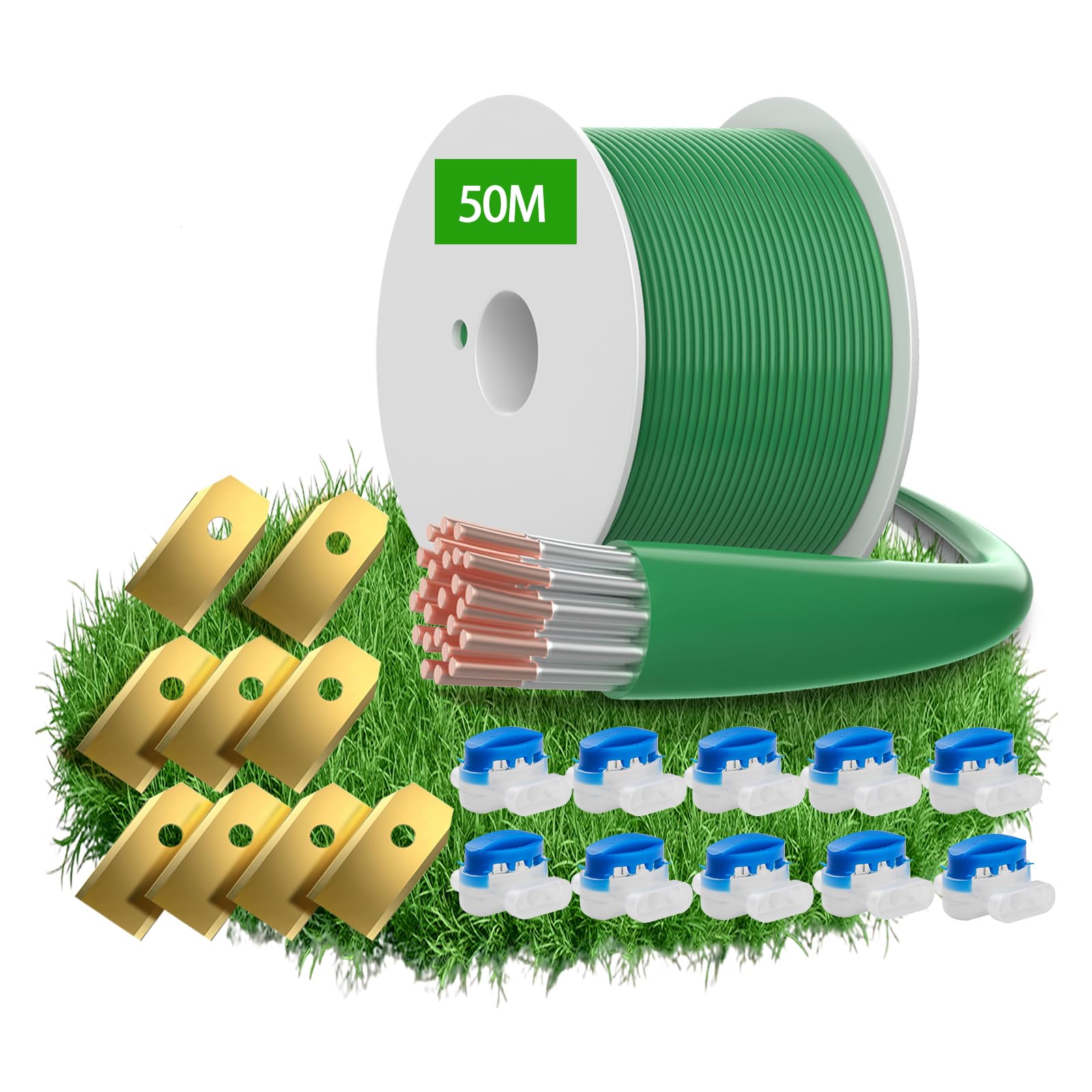 50m Boundary Cable for Robotic Lawnmower - Headley Tools Boundary Wire+10x Connectors+9x Titanium Blades Accessory Set for Search Cable, Compatible with Gardena/Husqvarna/Worx