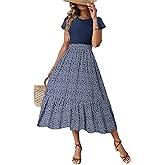 Dokotoo Women's Summer Dress With Pockets 2025 Crewneck Ruffle Short Floral Print Maxi Ladies Dressy Casual Plus Size A-Line