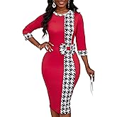 Women's 3/4 Sleeve Round Neck Casual Houndstooth Bodycon Wear to Work Pencil Sheath Midi Dresses