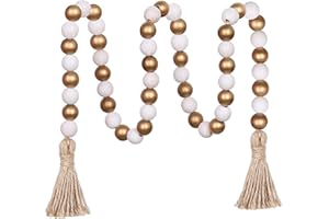 Meplait Wood Bead Garland,39in Farmhouse Beads with Tassels Boho beads for Tiered Tray decorative beads home decor（Gold & Wash White）