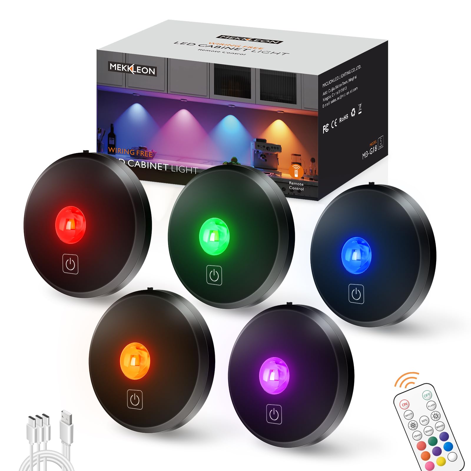 Photo 1 of RGB Puck Lights with Remote Control, 2000mAh Rechargeable Stick on Led Lights, 9 Colors & 2 Dynamic, Tap Light with Timing,Under Cabinet Lighting for Closet,Kitchen,Cabinet,Shelf(Black, 5 Pack)
