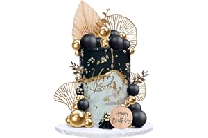 DRWATE Boho Cake Topper Happy Birthday Cake Decorations with Balls Eucalyptus for Wedding Baby Shower Boys Girls Birthday Themed Party Supplies (Black)