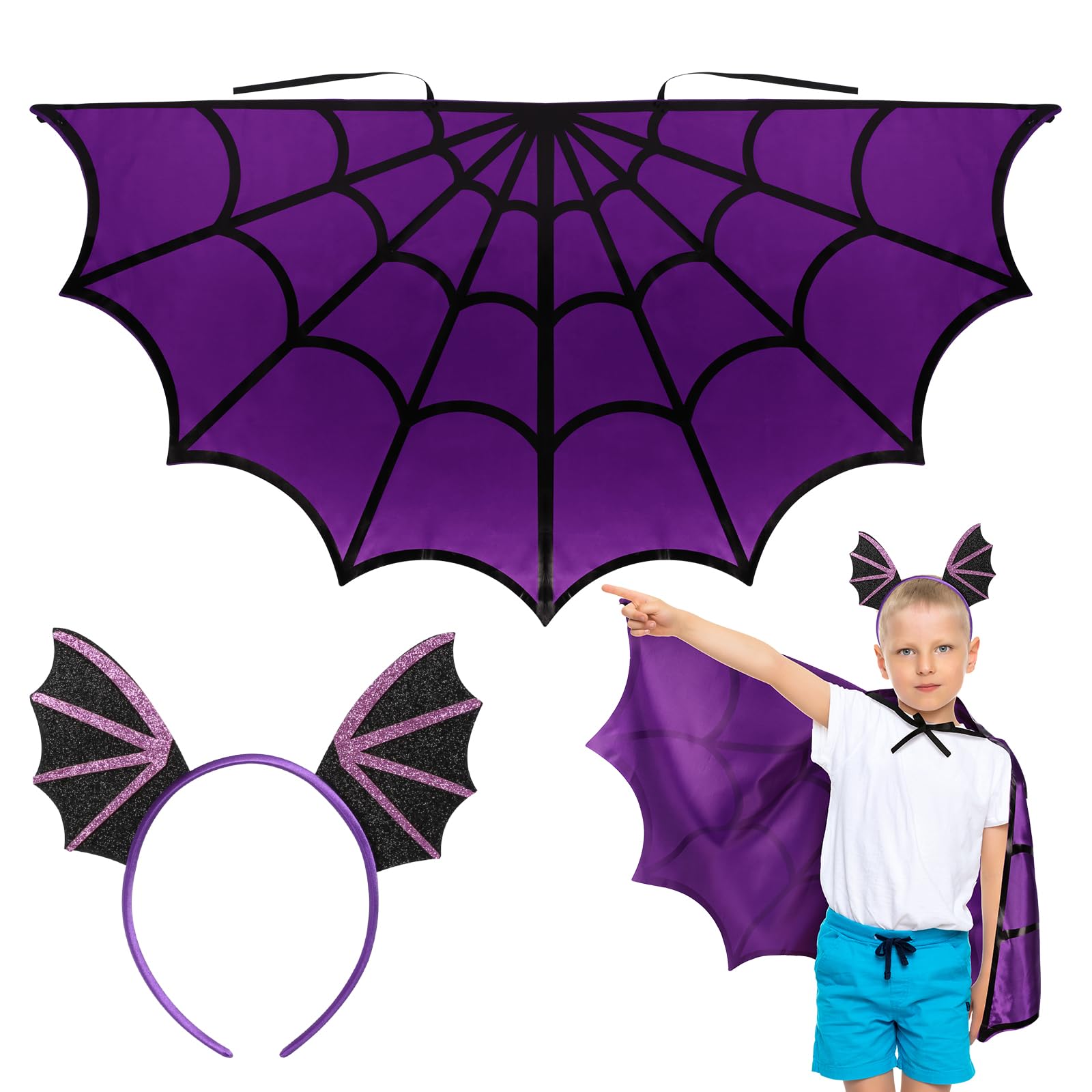 DKINY Kids Purple Spider Web Cape & Headband, Fancy Dress Up Accessory for 85-120cm Girls Boys Halloween Carnival World Book Day Cosplay Party