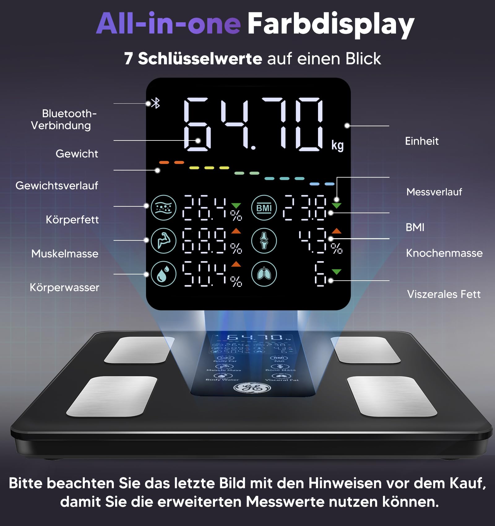 GE Körperfettwaage Smart Waage Personen: Digitale Waage mit Körperfett und Muskelmasse 8-Elektroden Körperfettwaage mit Handsensoren BMI Körpergewicht Muskelmasse Analysegerät,180 kg/400 lbs 3