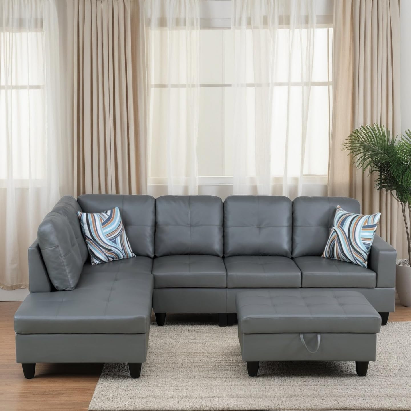 Photo 1 of **PARTIAL SET BOX 1 OF 2** Trygoal L Shaped Couches for Living Room, Leather Sectional Couch Living Room Furniture with Storage Ottoman, Modular Sectional Sofa with Movable Chaise for Apartment Office, Gray