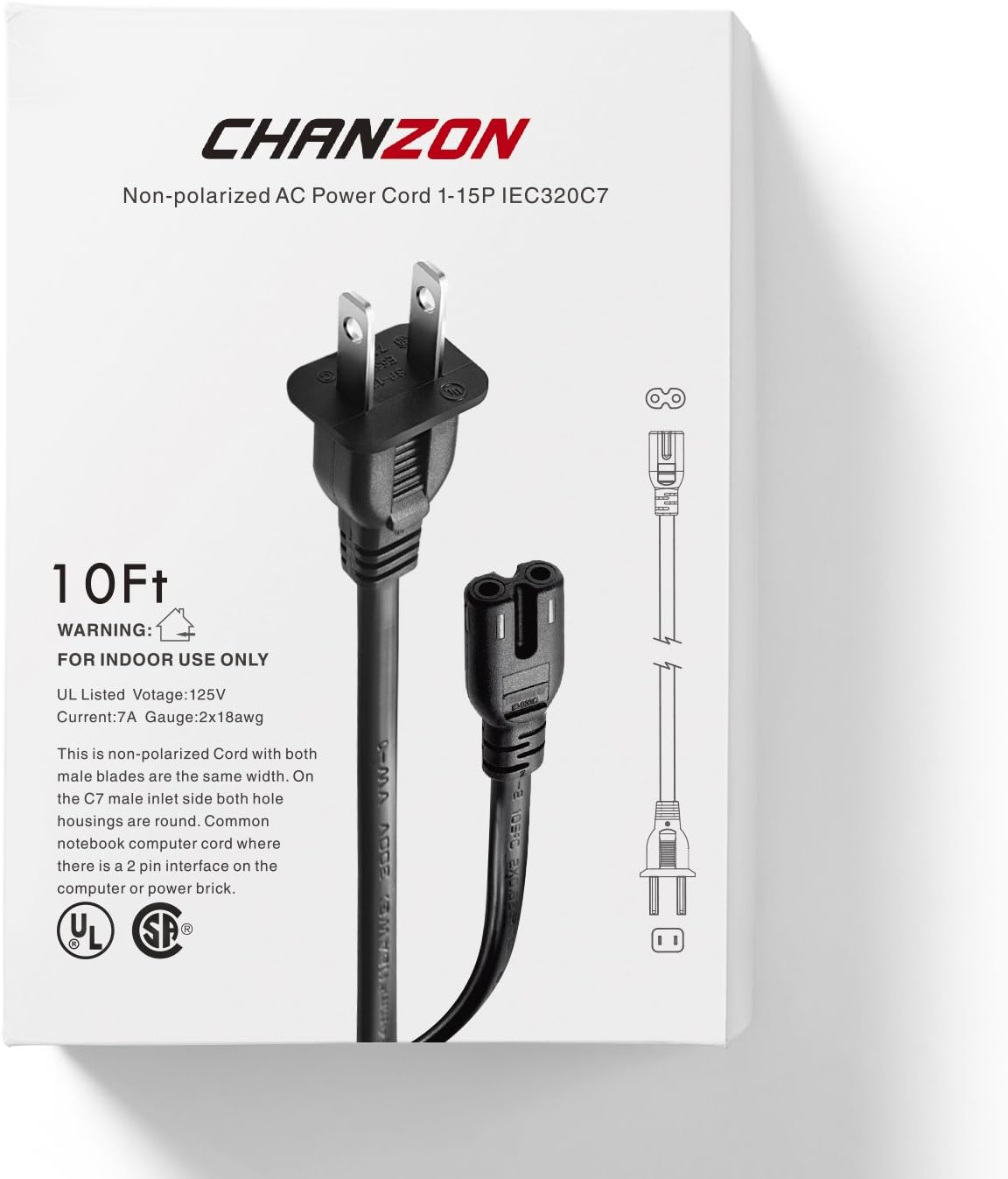[UL Listed] Chanzon 2 Prong Non Polarized 10 ft AC Power Cord for Samsung TV,Sony PS4,Cannon Pixma HP Dell Epson Printer,PS3 PS2 Xbox One,LG TCL Toshiba Hisense Universal Replacement Cable 7A Plug: Home Audio & Theater