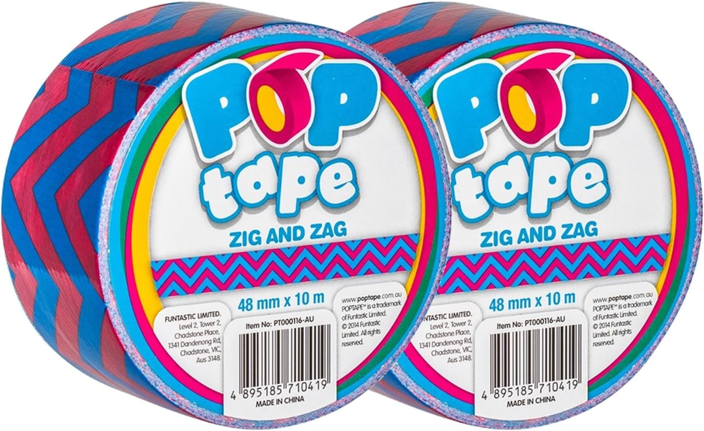Pop Tape Zig and Zag Decorative Printed Duct Tape Set of 2 Rolls, 48mm x 10m Wide Vinyl Plastic Gaffer Sticky Tape, Self Adhesive & Pressure Sensitive for Creative Crafts Blue/Pink Coloured