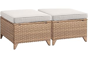 Rilyson Outdoor Ottoman Wicker Patio Ottomans - 2 Piece Footrest Footstools Set Rattan Outdoor Ottomans for Patio with Thick Cushions(Yellow/Beige)